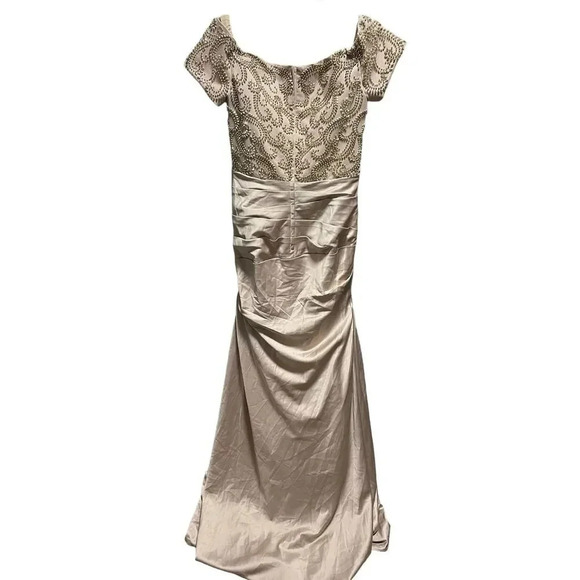 LA FEMME Champagne Beaded Back Off the Shoulder Ruched Crepe Satin Gown - Picture 9 of 11